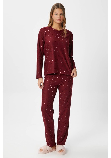 Kadın Ely Premium Bisiklet Yaka Bordo Kalp Süet Doku Yılbaşı Pijama Takımı