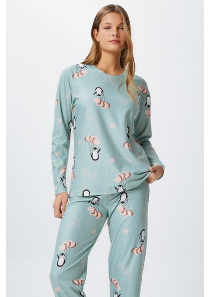 Kadın Ely Premium Bisiklet Yaka Mint Penguen Süet Doku Yılbaşı Pijama Takımı fiyatları