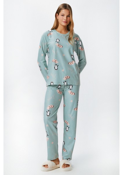 Kadın Ely Premium Bisiklet Yaka Mint Penguen Süet Doku Yılbaşı Pijama Takımı modelleri