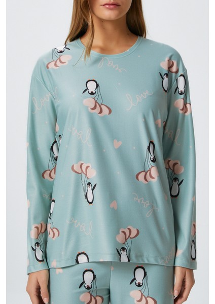 Kadın Ely Premium Bisiklet Yaka Mint Penguen Süet Doku Yılbaşı Pijama Takımı fırsatları