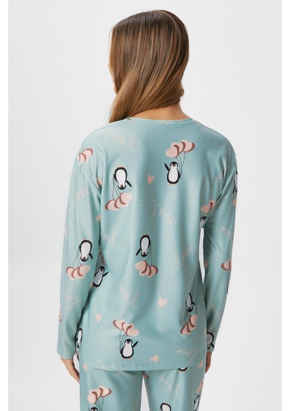 Kadın Ely Premium Bisiklet Yaka Mint Penguen Süet Doku Yılbaşı Pijama Takımı indirimleri