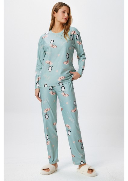 Kadın Ely Premium Bisiklet Yaka Mint Penguen Süet Doku Yılbaşı Pijama Takımı