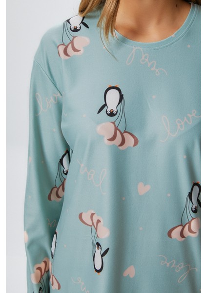 Kadın Ely Premium Bisiklet Yaka Mint Penguen Süet Doku Yılbaşı Pijama Takımı