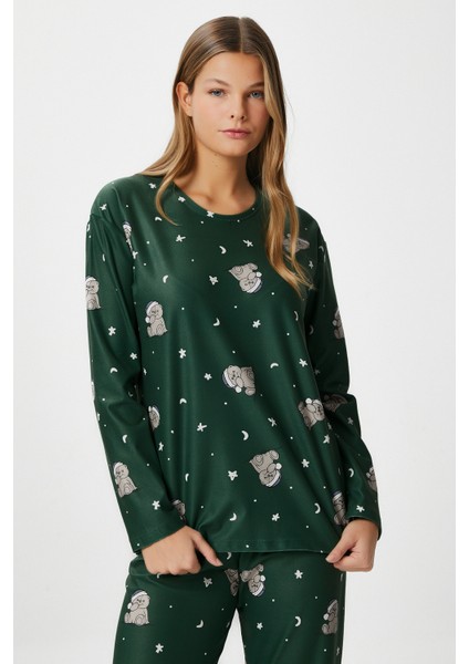 Kadın Ely Premium Bisiklet Yaka Yeşil Ayıcık Süet Doku Yılbaşı Pijama Takımı