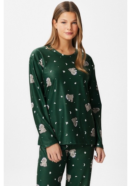 Kadın Ely Premium Bisiklet Yaka Yeşil Ayıcık Süet Doku Yılbaşı Pijama Takımı modelleri