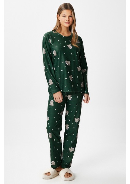 Kadın Ely Premium Bisiklet Yaka Yeşil Ayıcık Süet Doku Yılbaşı Pijama Takımı fırsatları