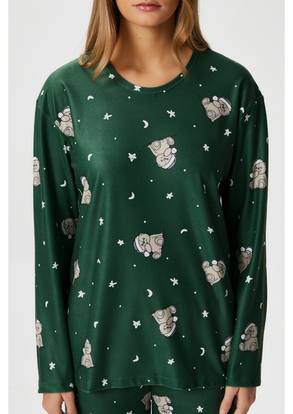 Kadın Ely Premium Bisiklet Yaka Yeşil Ayıcık Süet Doku Yılbaşı Pijama Takımı indirimleri
