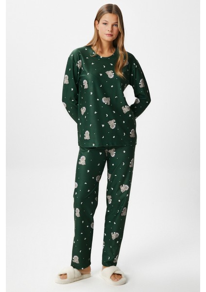 Kadın Ely Premium Bisiklet Yaka Yeşil Ayıcık Süet Doku Yılbaşı Pijama Takımı