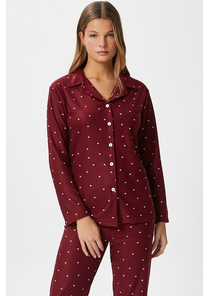 Kadın Nora Premium Bordo Kalp Süet Doku Düğmeli Yılbaşı Pijama Takımı