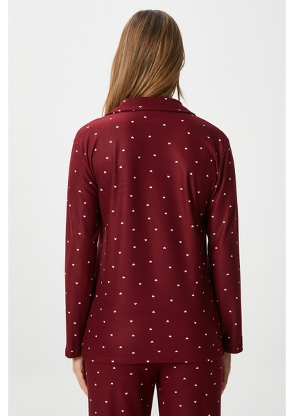 Kadın Nora Premium Bordo Kalp Süet Doku Düğmeli Yılbaşı Pijama Takımı modelleri