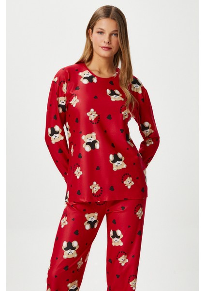 Kadın Ely Premium Bisiklet Yaka Kırmızı Ayıcık Süet Doku Yılbaşı Pijama Takımı