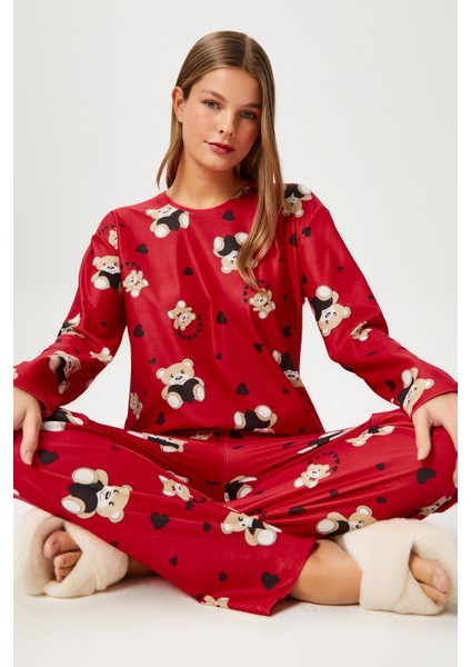 Kadın Ely Premium Bisiklet Yaka Kırmızı Ayıcık Süet Doku Yılbaşı Pijama Takımı modelleri