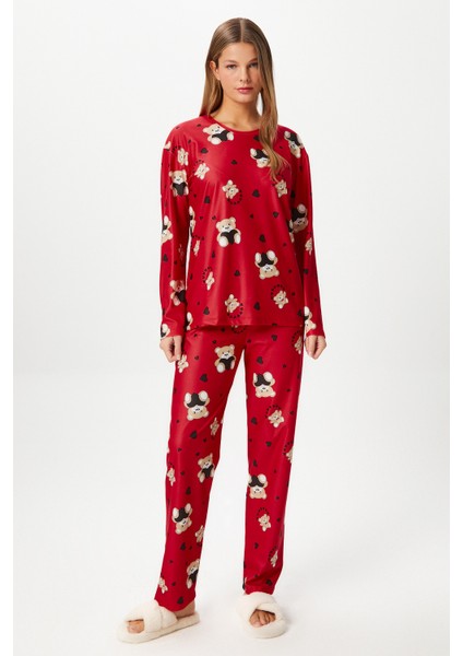 Kadın Ely Premium Bisiklet Yaka Kırmızı Ayıcık Süet Doku Yılbaşı Pijama Takımı fırsatları