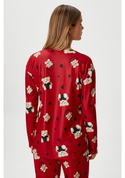Kadın Ely Premium Bisiklet Yaka Kırmızı Ayıcık Süet Doku Yılbaşı Pijama Takımı