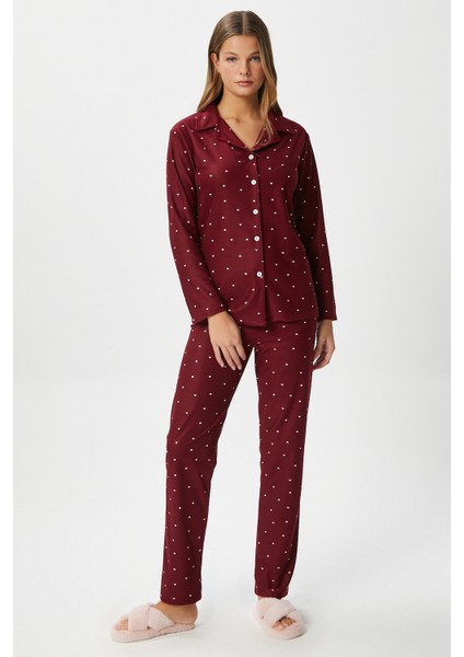 Kadın Nora Premium Bordo Kalp Süet Doku Düğmeli Yılbaşı Pijama Takımı fırsatları