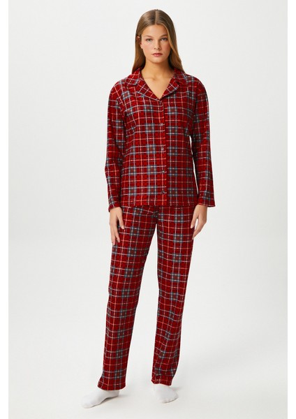 Kadın Nora Premium Kırmızı Ekose Süet Doku Düğmeli Yılbaşı Pijama Takımı