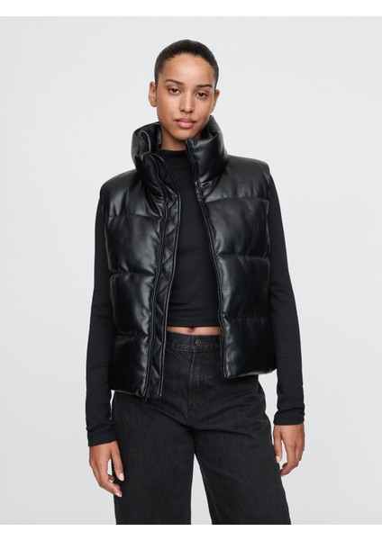 Kadın Siyah Vegan Deri Puffer Şişme Yelek