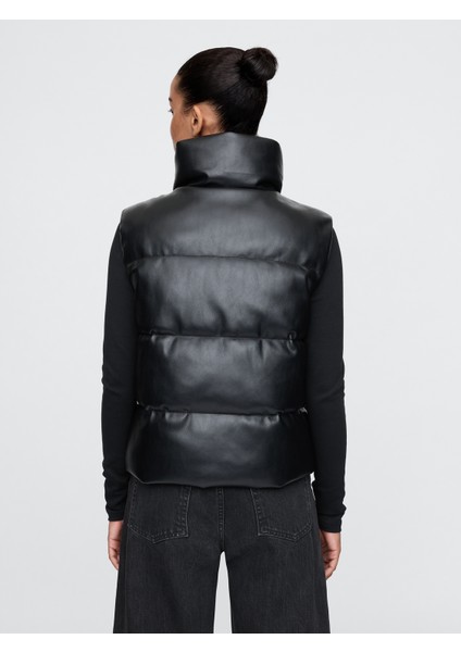 Kadın Siyah Vegan Deri Puffer Şişme Yelek indirimleri