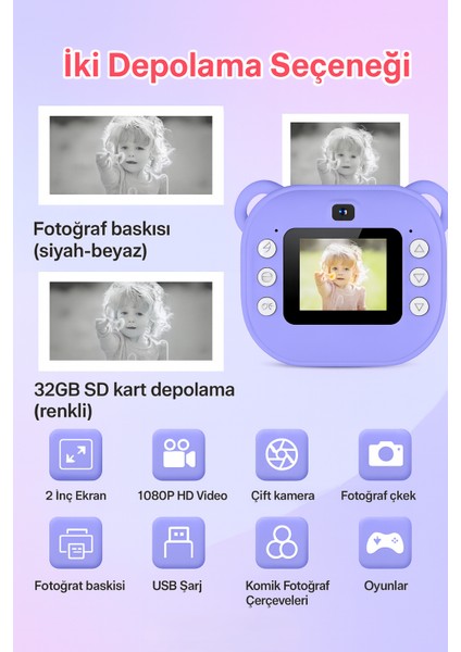 Çocuklar Için Siyah-Beyaz Yazıcı Eğlenceli Fotoğraf Makinesi Oyunlar ve Çift Kamera Müzik Bir Arada modelleri