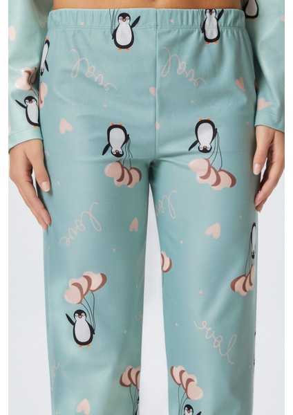 Kadın Nora Premium Mint Penguen Süet Doku Düğmeli Yılbaşı Pijama Takımı