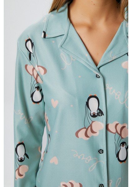 Kadın Nora Premium Mint Penguen Süet Doku Düğmeli Yılbaşı Pijama Takımı