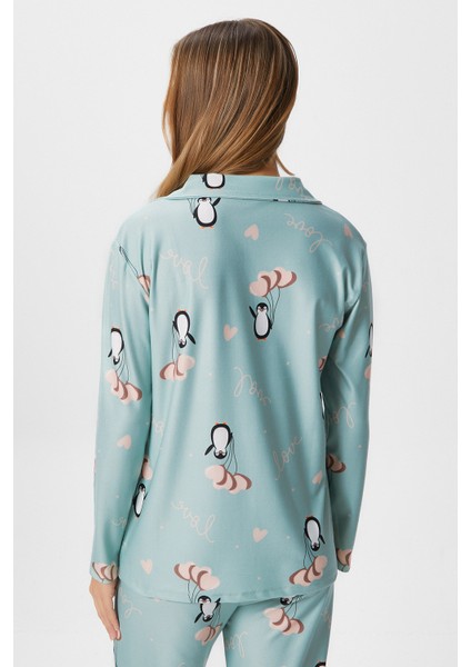 Kadın Nora Premium Mint Penguen Süet Doku Düğmeli Yılbaşı Pijama Takımı