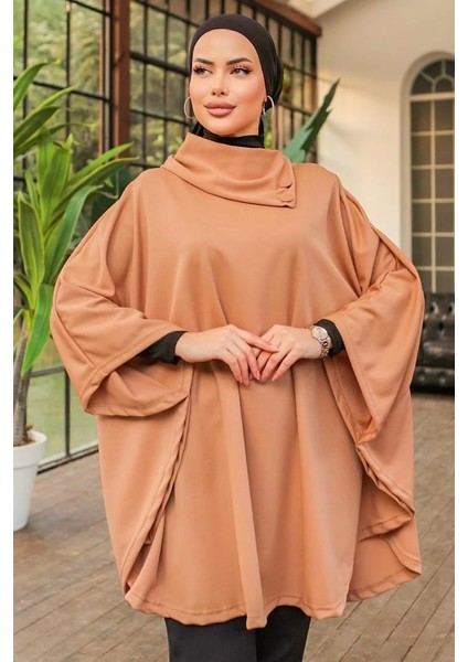 Düğme Detaylı Şık Tasarımlı Bej Şal Yaka Panço