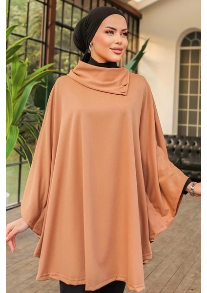 Düğme Detaylı Şık Tasarımlı Bej Şal Yaka Panço fiyatları