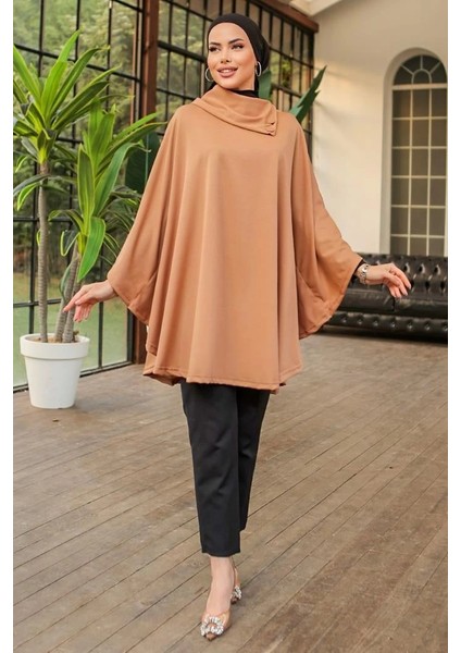 Düğme Detaylı Şık Tasarımlı Bej Şal Yaka Panço modelleri