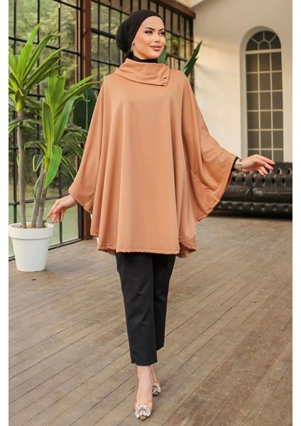 Düğme Detaylı Şık Tasarımlı Bej Şal Yaka Panço indirimleri