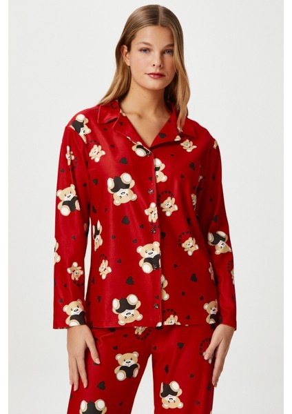 Kadın Nora Premium Kırmızı Ayıcık Süet Doku Düğmeli Yılbaşı Pijama Takımı