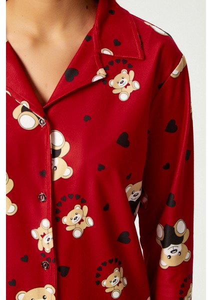 Kadın Nora Premium Kırmızı Ayıcık Süet Doku Düğmeli Yılbaşı Pijama Takımı fiyatları