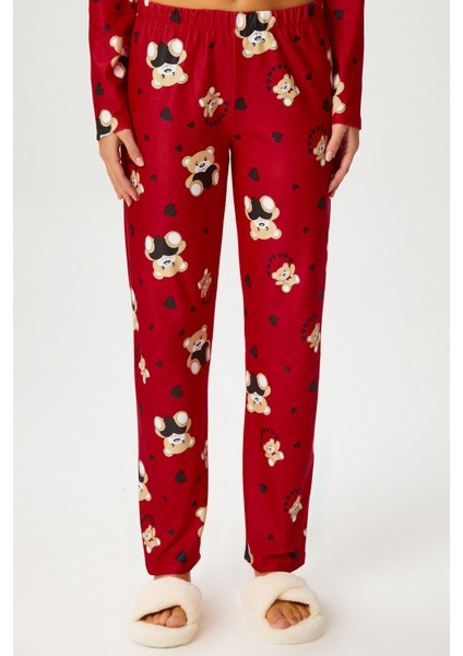 Kadın Nora Premium Kırmızı Ayıcık Süet Doku Düğmeli Yılbaşı Pijama Takımı