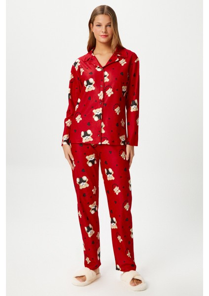 Kadın Nora Premium Kırmızı Ayıcık Süet Doku Düğmeli Yılbaşı Pijama Takımı