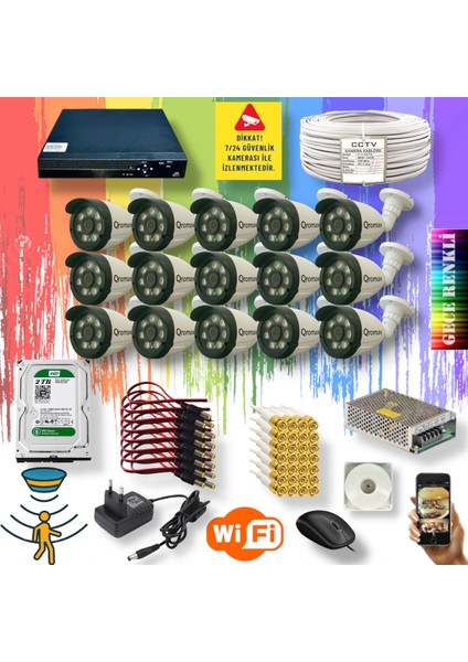 15 Kameralı Set - Gece Renkli Gösteren Hareket Algılayan 5 Mp Sony Lensli 1080p Full Hd Güvenlik Kamerası Seti 3908w