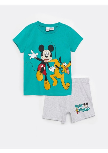 Lcw Baby Yeşil Bisiklet Yaka Kısa Kollu Mickey Mouse Baskılı Erkek Bebek Pijama Takımı