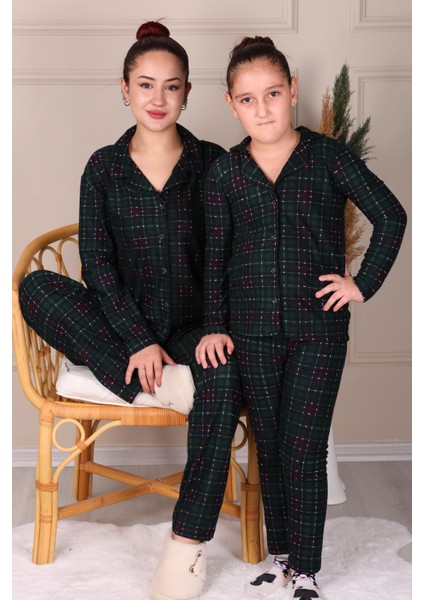 Ekose Süet Anne-Kız Pijama Takımı Koyu Yeşil