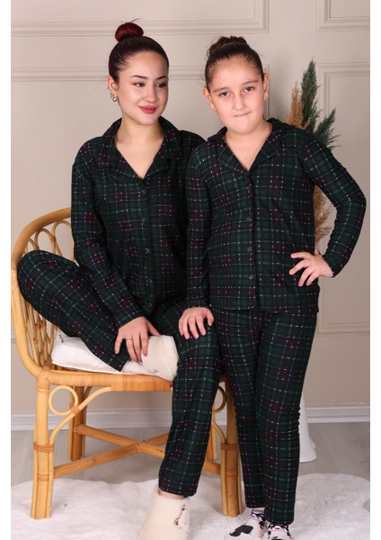 Ekose Süet Anne-Kız Pijama Takımı Koyu Yeşil fırsatları