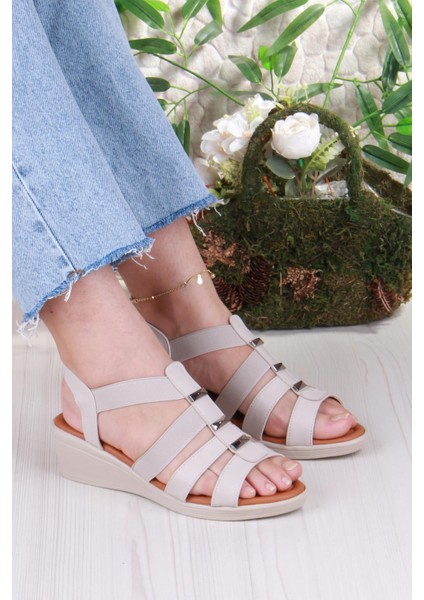 35604 Mavişim Rahat Esnek Lastik Bağlamalı Dolgu Topuklu Kadın Sandalet