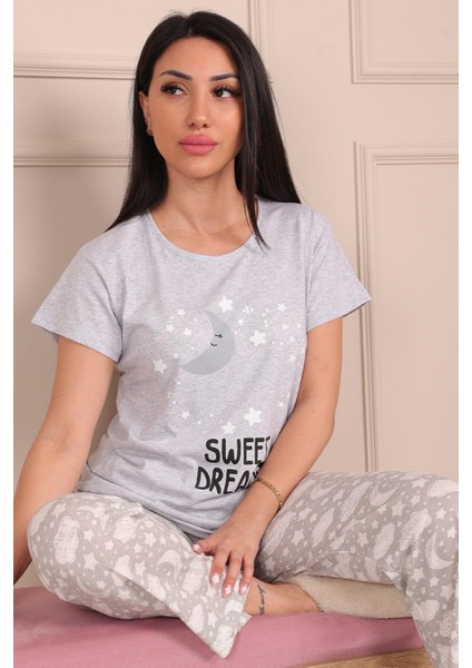 Kadın Sweet Dreams Sloganlı Bisiklet Yaka Kısa Kollu Altı Uzun Penye Pijama Takımı
