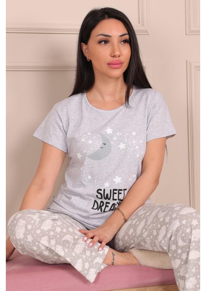 Kadın Sweet Dreams Sloganlı Bisiklet Yaka Kısa Kollu Altı Uzun Penye Pijama Takımı fiyatları