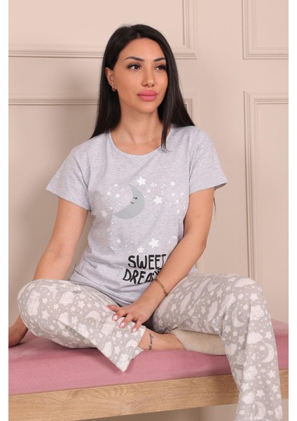 Kadın Sweet Dreams Sloganlı Bisiklet Yaka Kısa Kollu Altı Uzun Penye Pijama Takımı modelleri