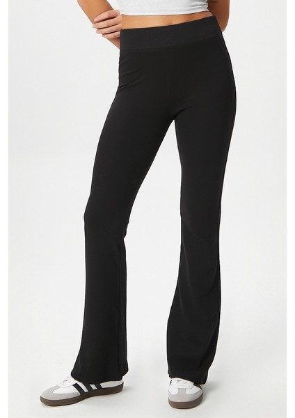 Kadın Eden Beli Fitilli Ispanyol Paça Siyah Eşofman Altı