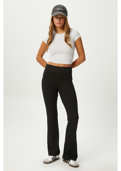 Kadın Eden Beli Fitilli Ispanyol Paça Siyah Eşofman Altı