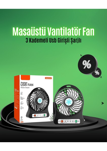 Mini USB Fan – Şarj Edilebilir, Işıklı, 3 Kademe, Taşınabilir Masaüstü Vantilatör
