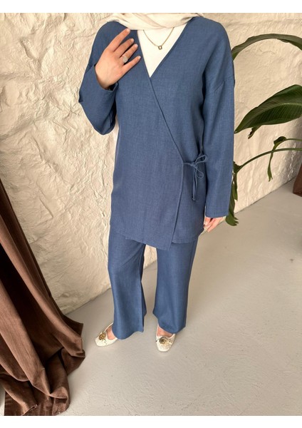 Kadın Giyim Yandan Bağlamalı Keten Takım