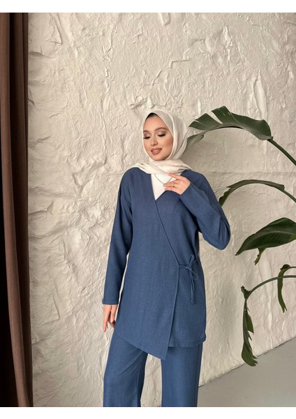 Kadın Giyim Yandan Bağlamalı Keten Takım