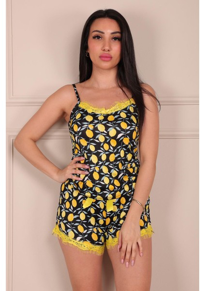 Limon Desenli Ip Askılı Şortlu Pegasus Pijama Takımı Lacivert