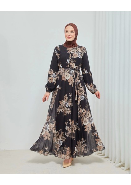 Yaprak Desenli Zarif ve Şık Uzun Boy Büyük Beden Astarlı Şifon Elbise
