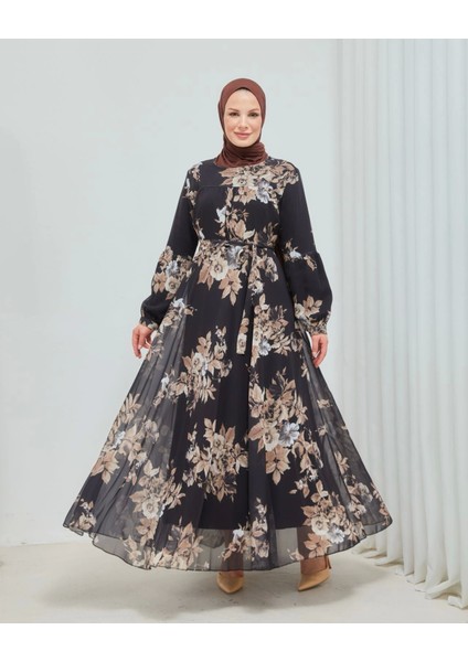 Yaprak Desenli Zarif ve Şık Uzun Boy Büyük Beden Astarlı Şifon Elbise fiyatları